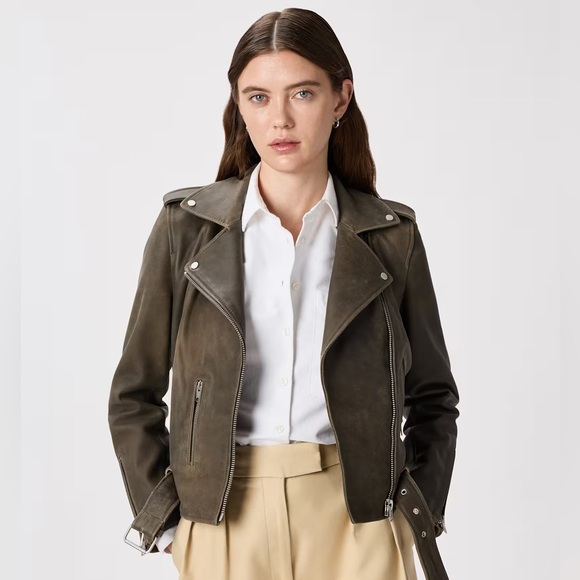 NWT Quince 100% Leather Motorcycle Jacket, slim cropped fit in distressed brown - Picture 2 of 7